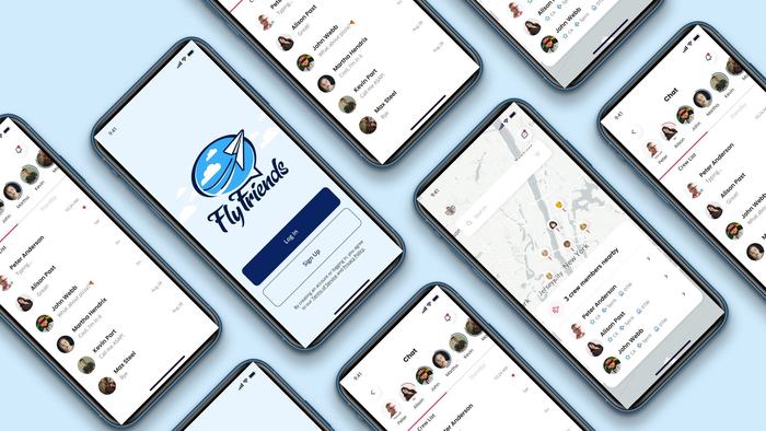 FlyFriends on four phones: the sign-in screen, a map of crew nearby, a profile and the crew list.