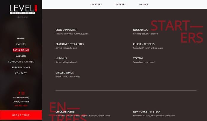Level Two Eat & Drink page: starters and their descriptions in red display type.