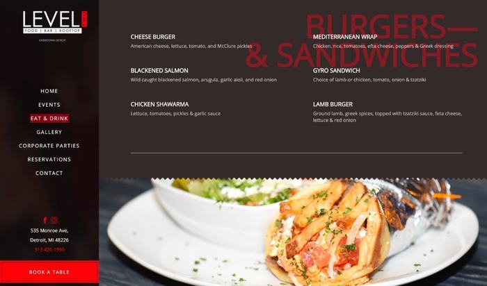 Level Two burgers and sandwiches page with a plated dish.
