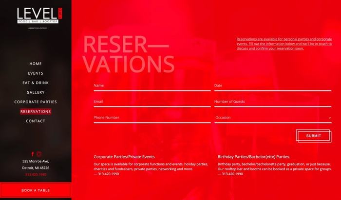 Level Two reservations form on red.