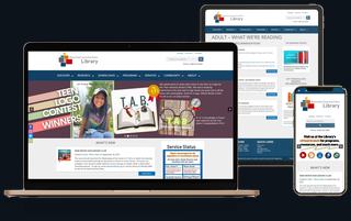 The Bloomfield Township Public Library website on a laptop, a tablet and a phone: the teen logo contest winners, What's New and Service Status.