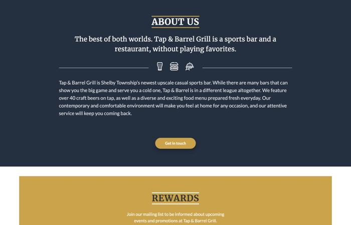 Tap & Barrel About page and rewards banner.