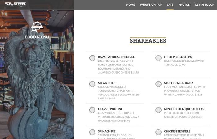 Tap & Barrel food menu of shareables.