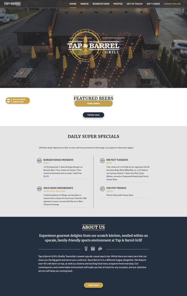 The Tap & Barrel Grill website today, from the patio hero down through the daily specials and the about section.