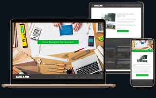 The Uniland website on a laptop, a tablet and a phone: Your Blueprint for Success over a builder's desk of plans and tools.