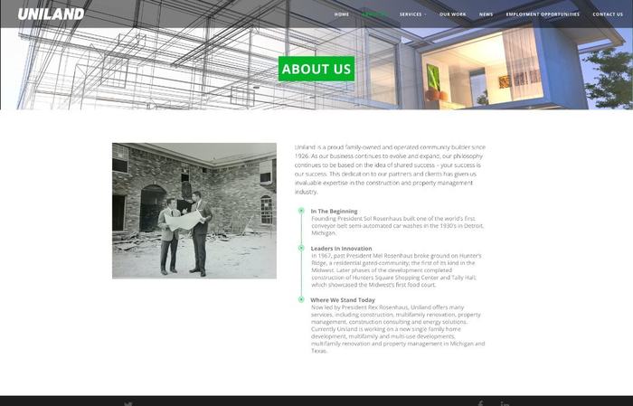 Uniland news page with Building magazine covers and staff awards.